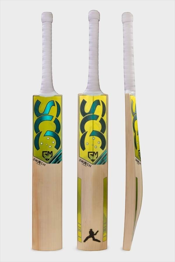 SCC SWITCH Rush Gold 675 junior English willow cricket bat with gold and teal branding and white grip