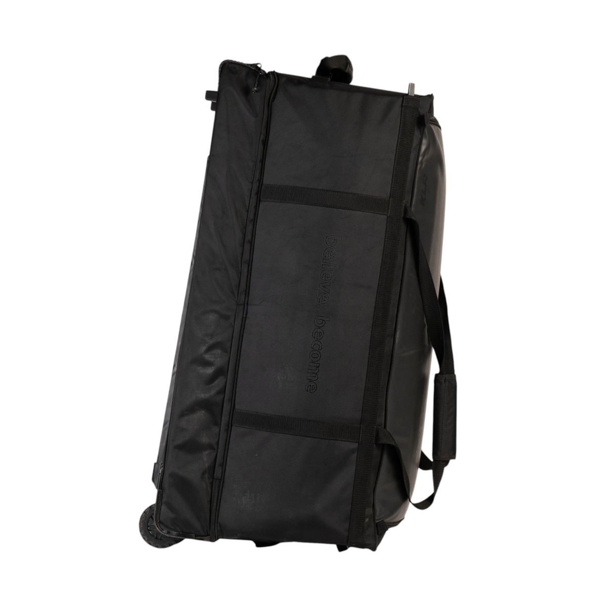AKS CRICKET SG KLR trunk player cricket kit bag in black leatherette and matty fabric with wheels and carry straps
