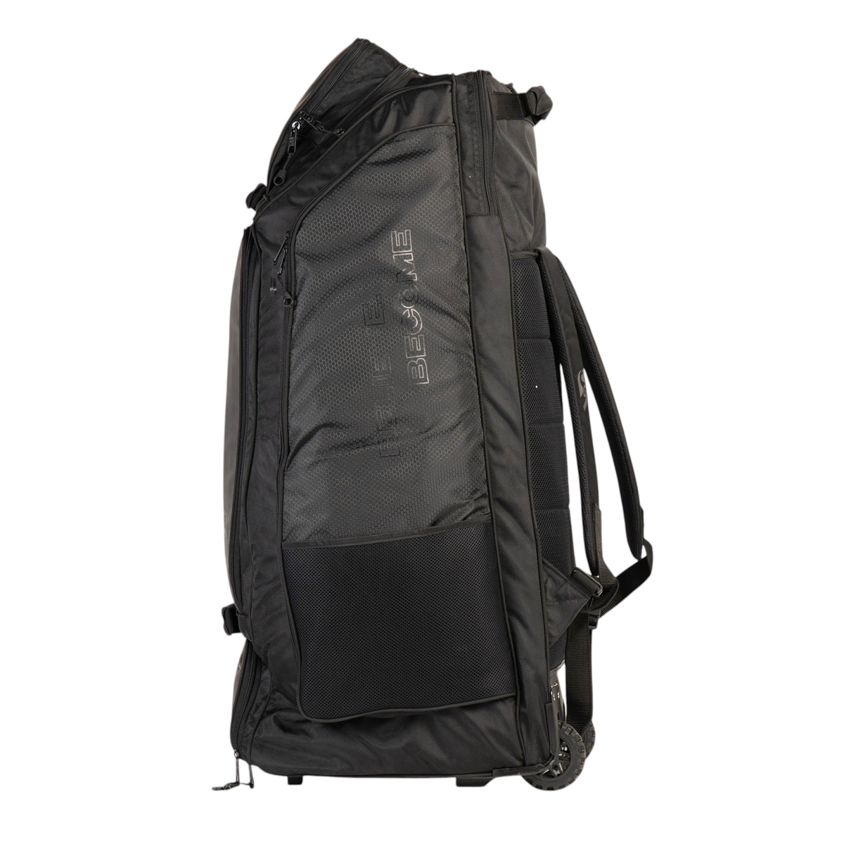 AKS CRICKET SG KLR black wheelie duffle cricket bag with durable fabric, side pockets, and ergonomic shoulder straps.