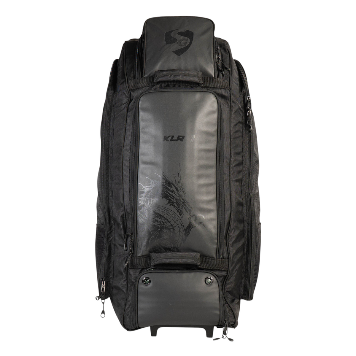 AKS CRICKET SG KLR wheelie duffle cricket bag in black leatherette and matty fabric with dedicated gear compartments