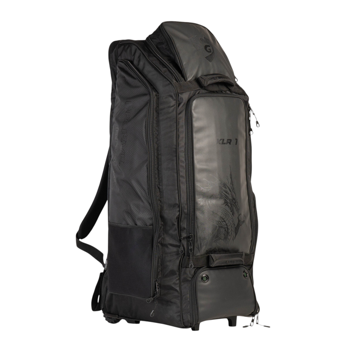 AKS CRICKET SG KLR wheelie duffle bag in black leatherette and matty fabric with dedicated cricket gear compartments