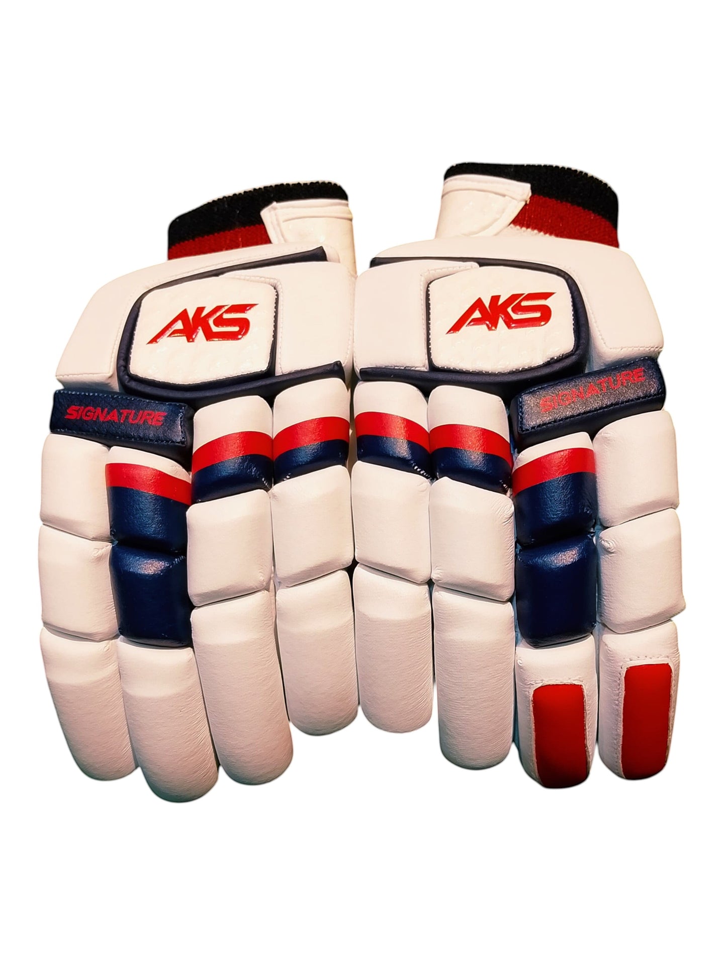 AKS CRICKET Signature batting gloves in white with navy and red accents, featuring high-density foam finger protection.