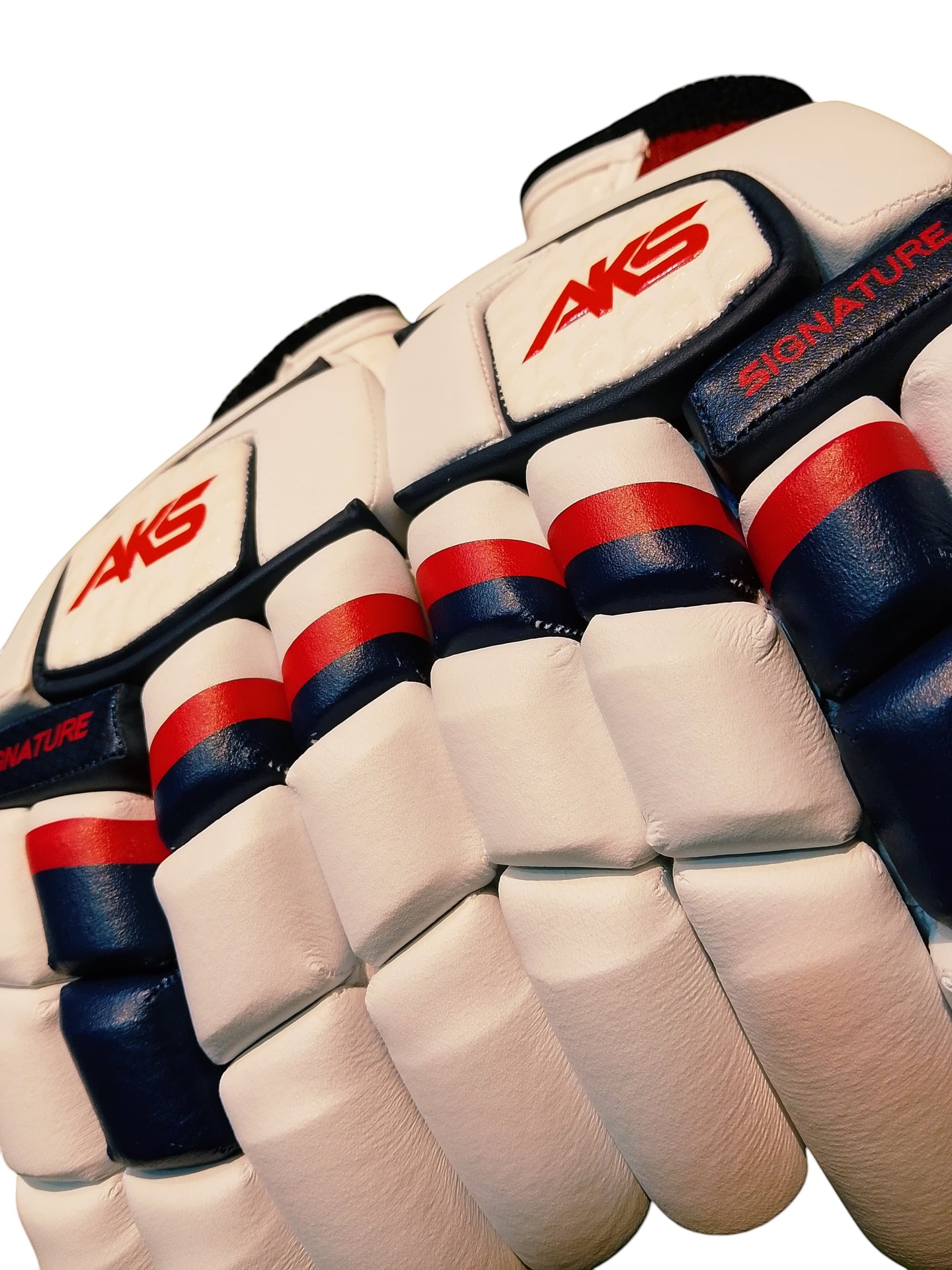 AKS CRICKET Signature batting gloves in white with navy and red segmented foam protection and leather palm