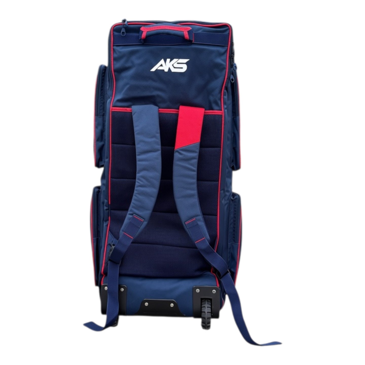 AKS CRICKET Signature Duffle Bag in navy blue and red with padded backpack straps, wheels, and multiple compartments.