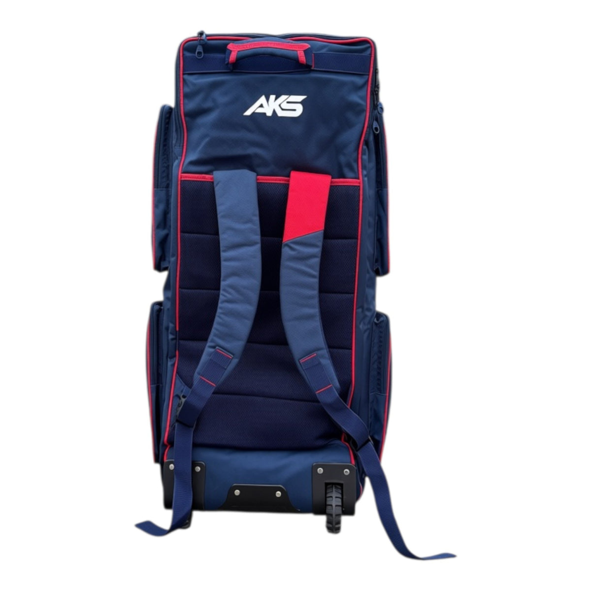 AKS CRICKET Signature Duffle Bag in navy blue and red with padded backpack straps, wheels, and multiple compartments.