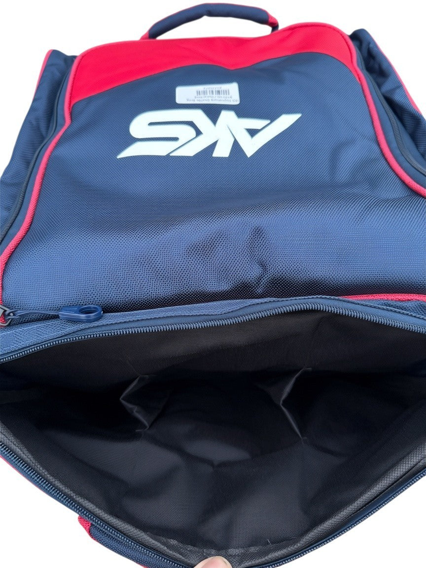 AKS CRICKET Signature Duffle Bag in navy blue and red with a spacious zippered main compartment and white logo branding
