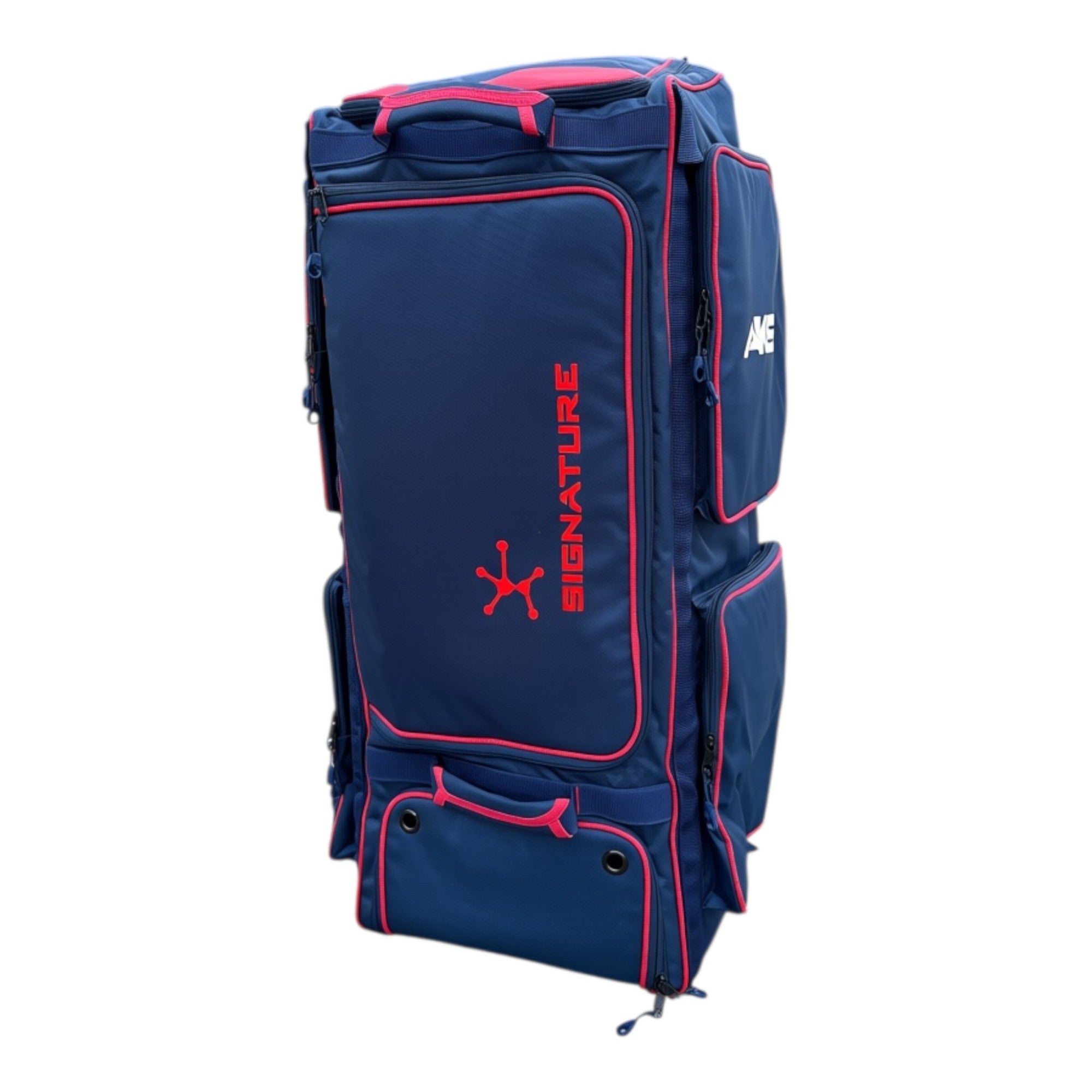 AKS CRICKET Signature duffle bag in navy blue and red with multiple compartments and durable weather-resistant fabric.