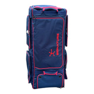 AKS CRICKET Signature Duffle Bag in navy blue and red with multiple compartments and durable weather-resistant fabric.