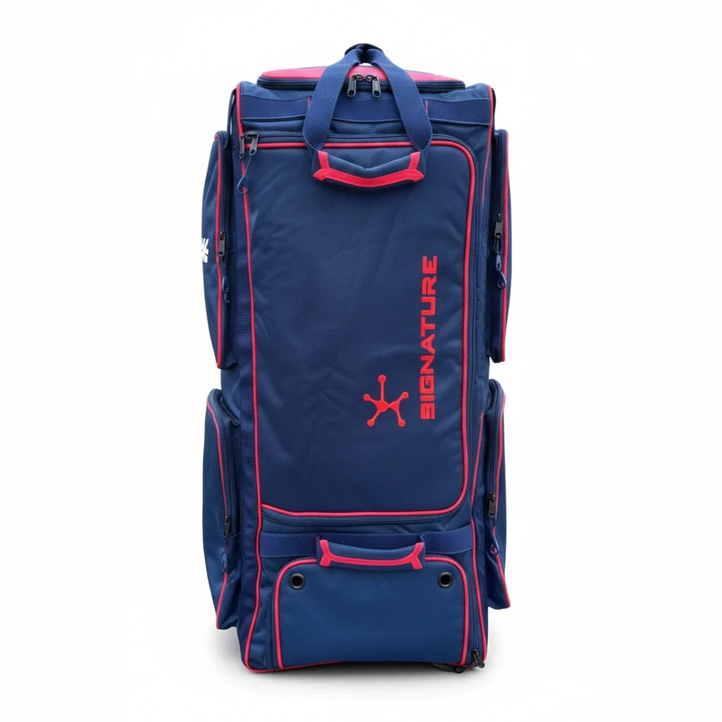 AKS CRICKET Signature duffle bag in navy blue and red with multiple compartments and reinforced carry handles
