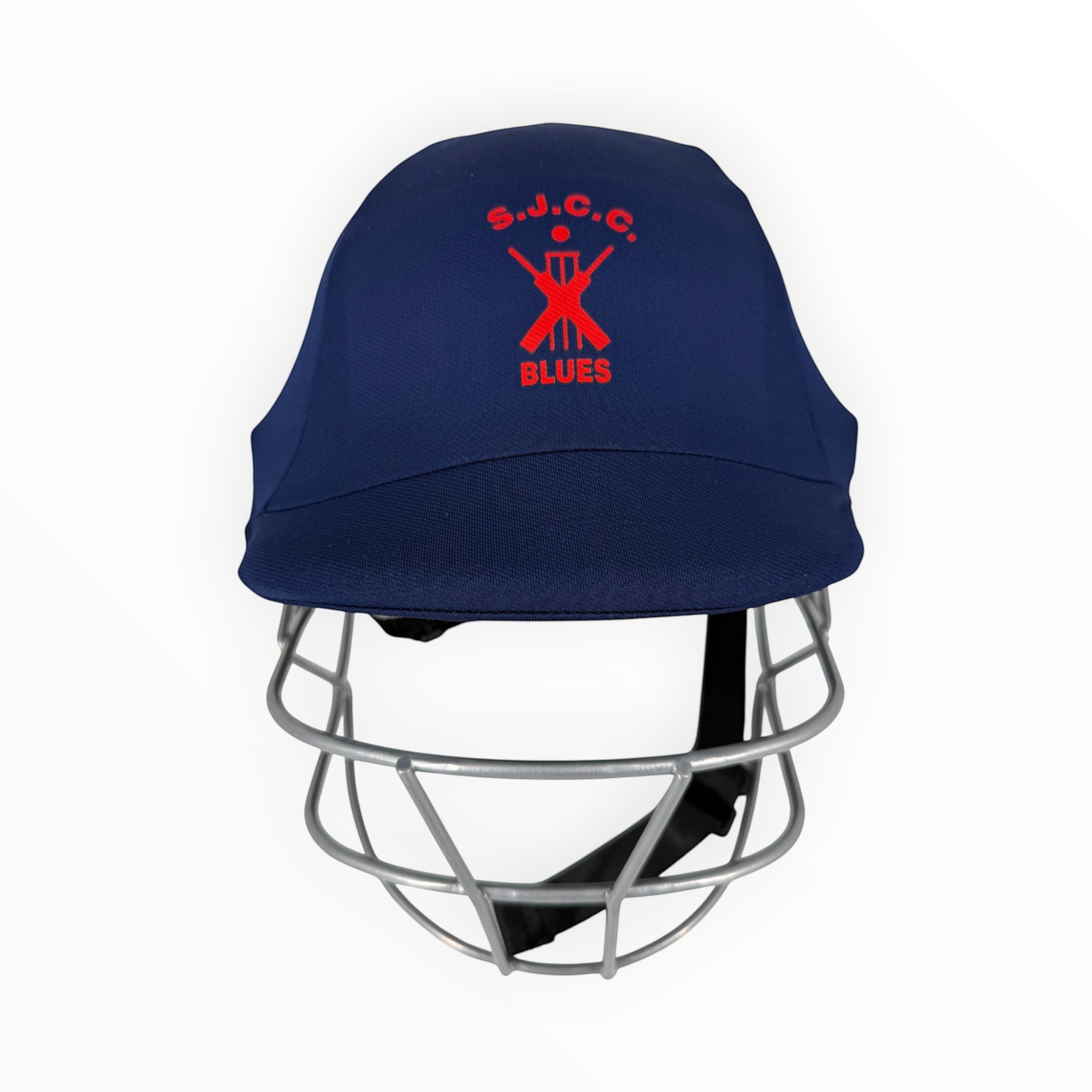 AKS CRICKET SJCC navy blue cricket helmet cover with red embroidered club logo and protective metal face grille