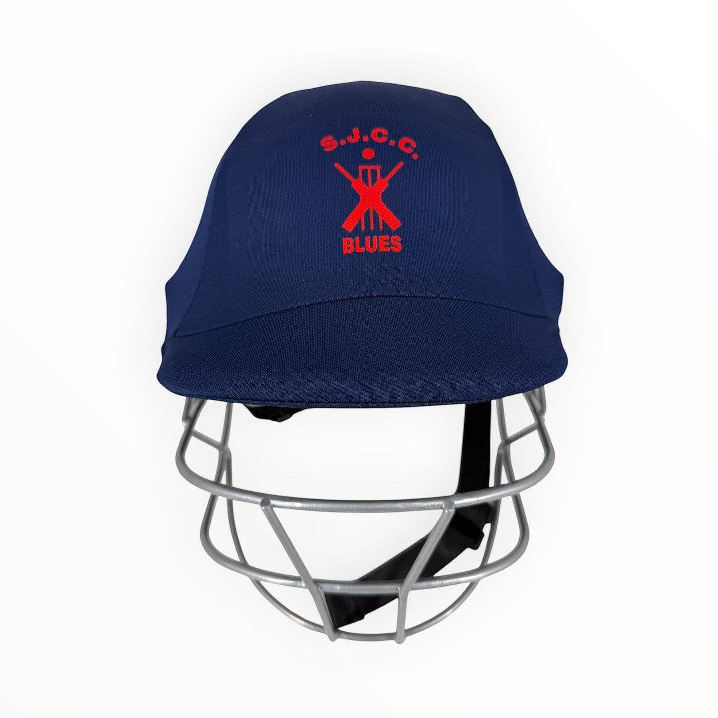 AKS CRICKET SJCC navy blue cricket helmet cover with red embroidered club logo and protective metal face grille