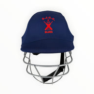 AKS CRICKET SJCC navy blue cricket helmet cover with red embroidered club logo and protective metal face grille