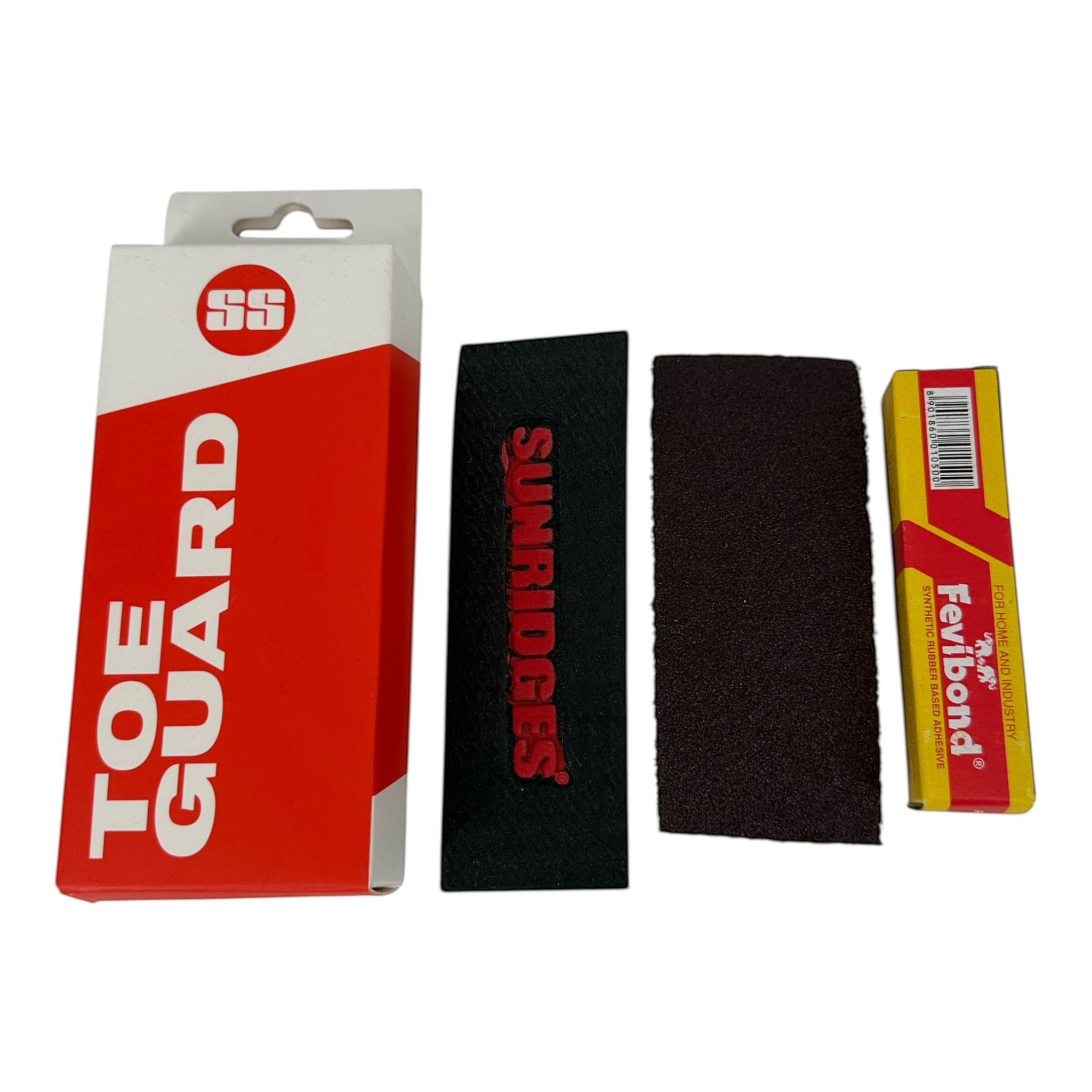 AKS CRICKET SS Toe Guard Set including black rubber toe guard, sandpaper, and Fevibond adhesive for cricket bat care.