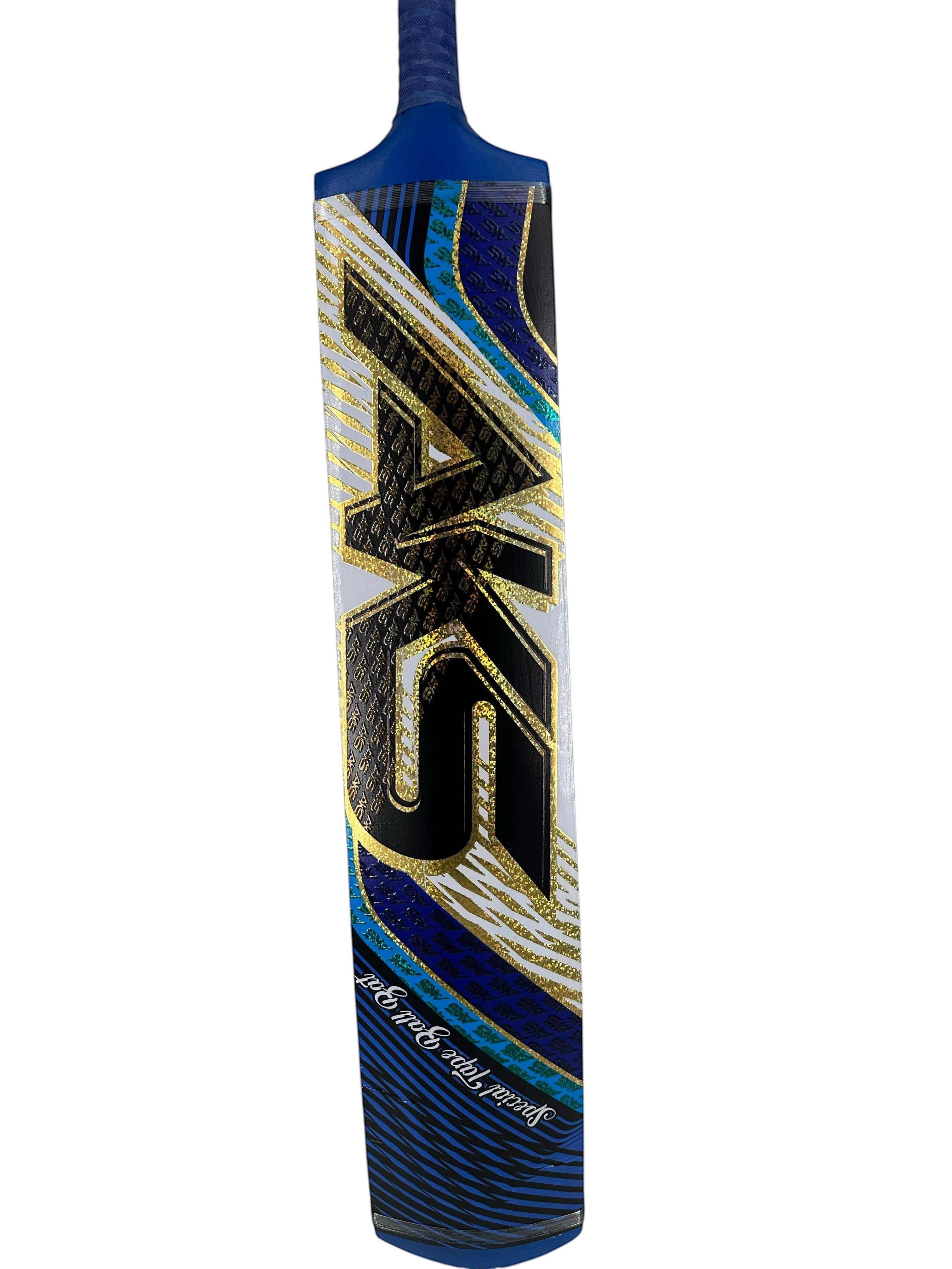 AKS CRICKET tennis cricket bat with blue, black, and gold graphic design, featuring a short handle for casual play.