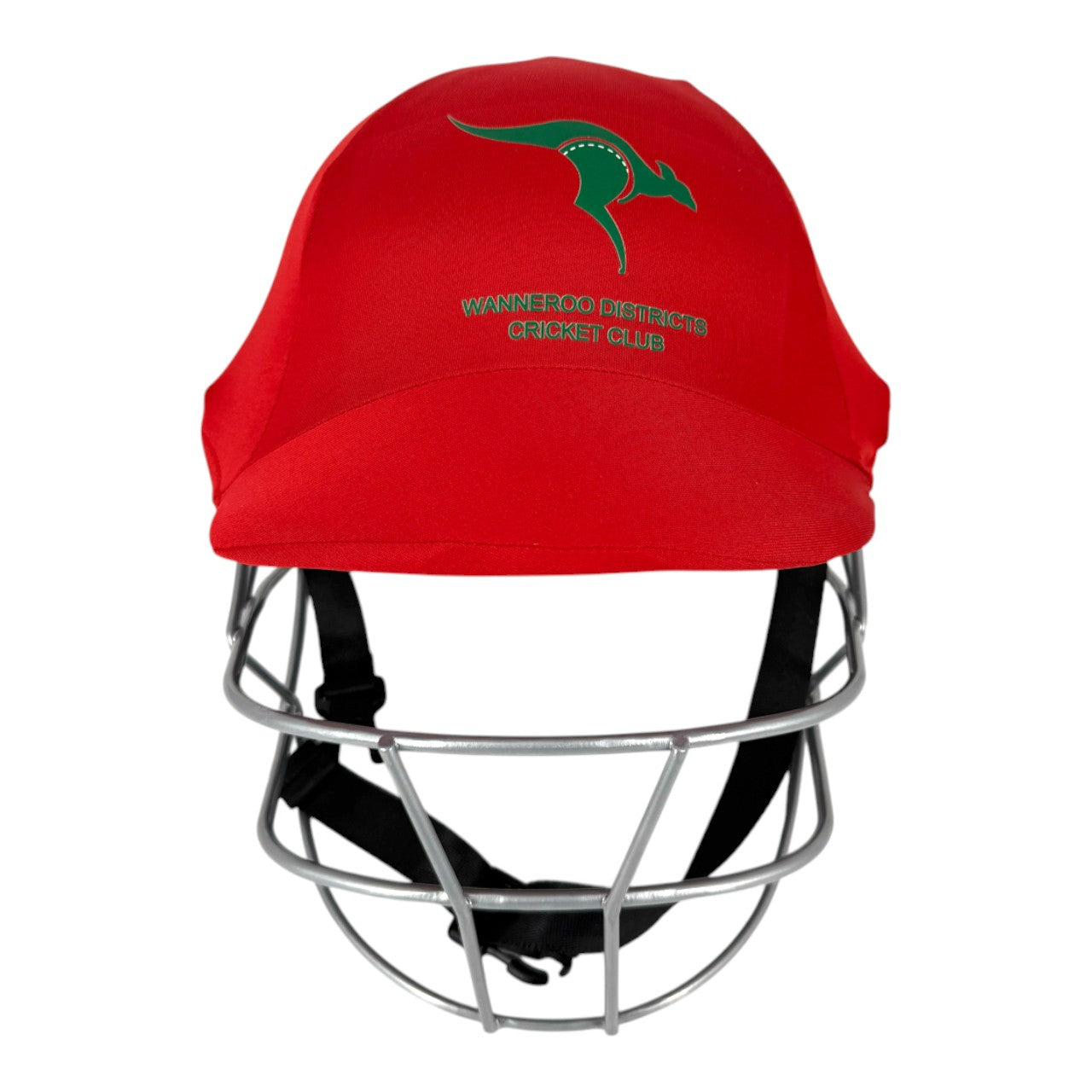 AKS CRICKET red Wanneroo Districts Cricket Club helmet cover with green kangaroo logo and metal face grille