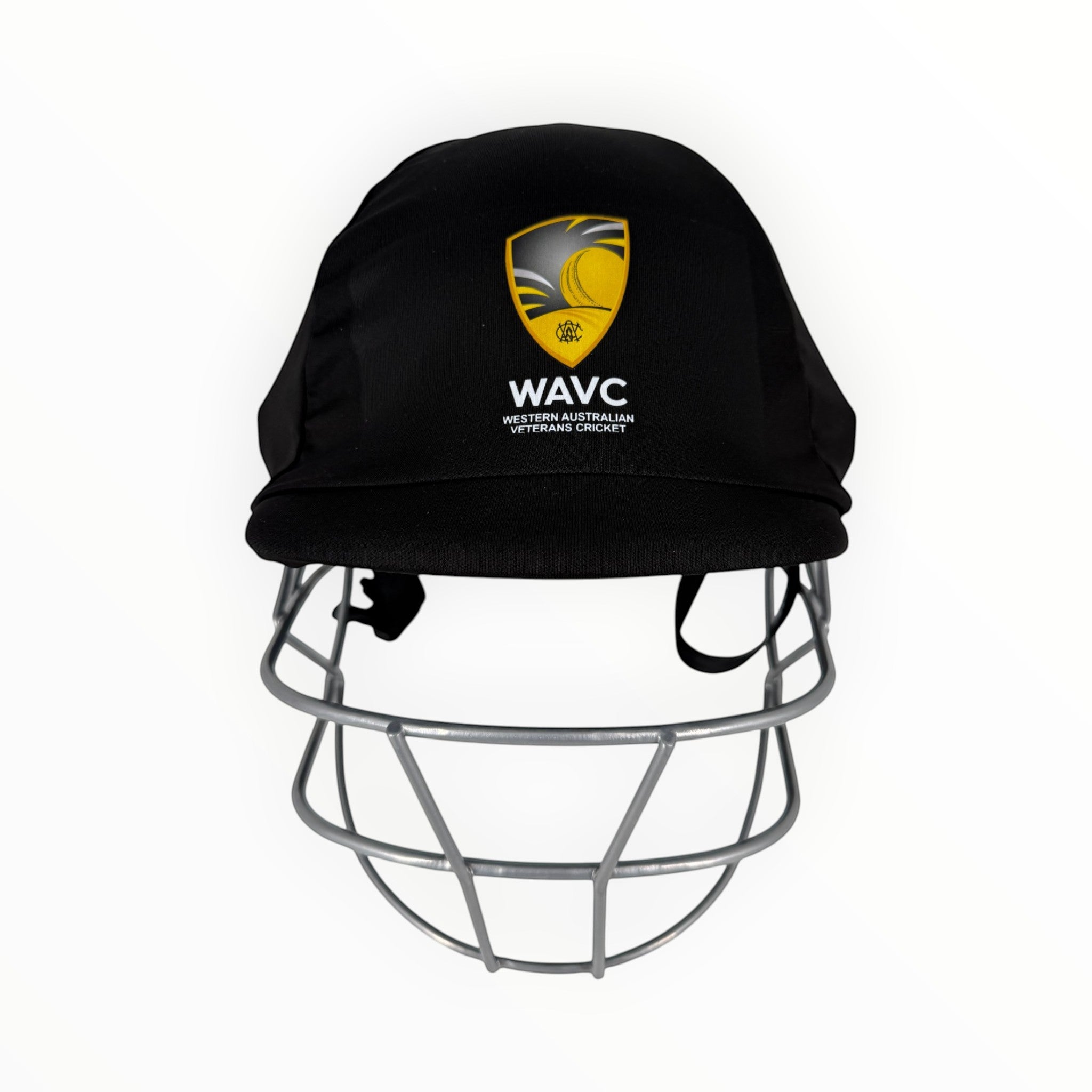 AKS CRICKET black WAVC branded cricket helmet cover with a protective silver metal grille