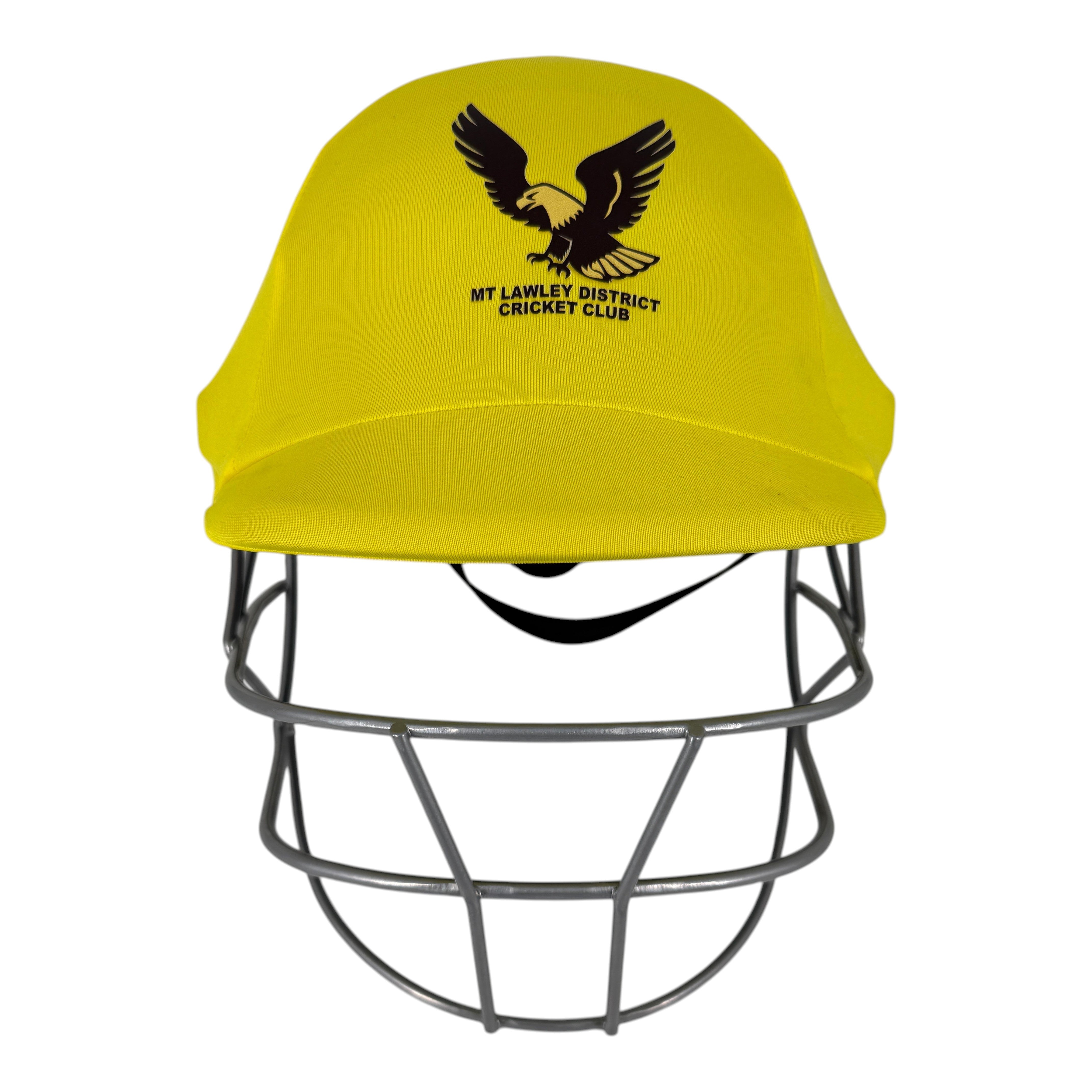 AKS CRICKET yellow helmet cover featuring the Mount Lawley District Cricket Club eagle logo and grey steel grille