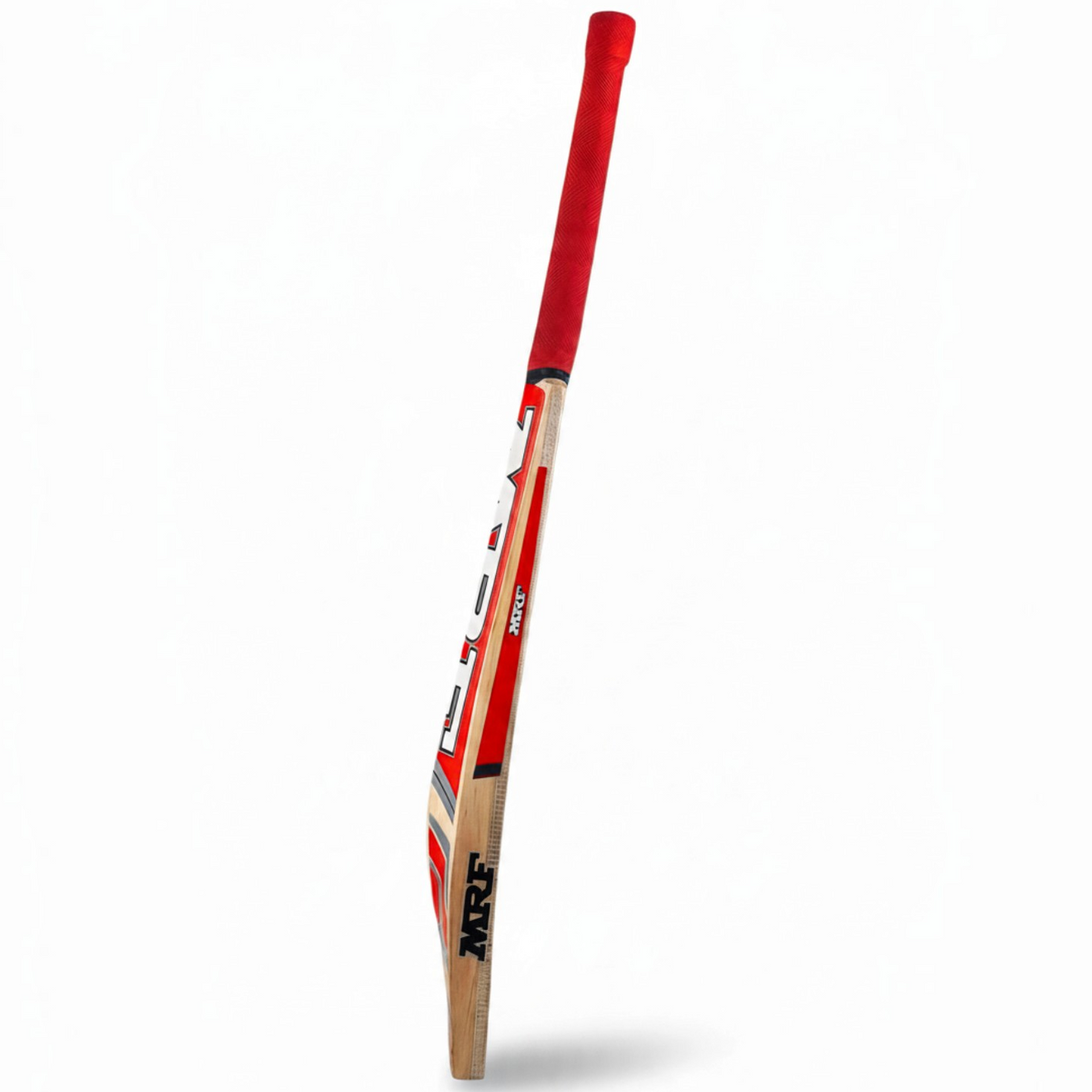 AKS CRICKET MRF Bullet English willow cricket bat with red grip and red and black branding on a white background