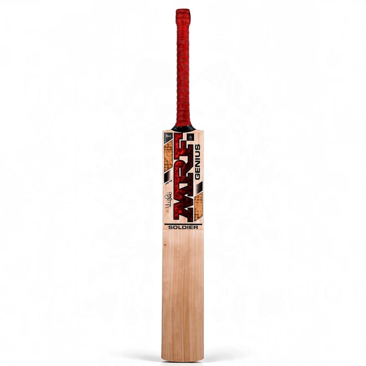 AKS CRICKET MRF Genius Soldier English willow cricket bat with red grip and bold branding on a white background