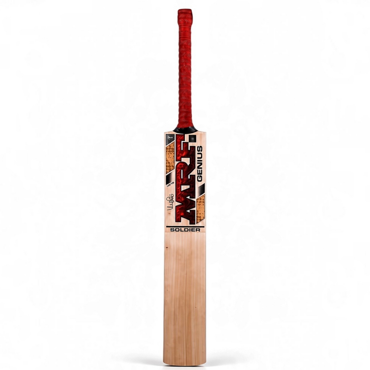 AKS CRICKET MRF Genius Soldier English willow cricket bat with red grip and bold branding on a white background
