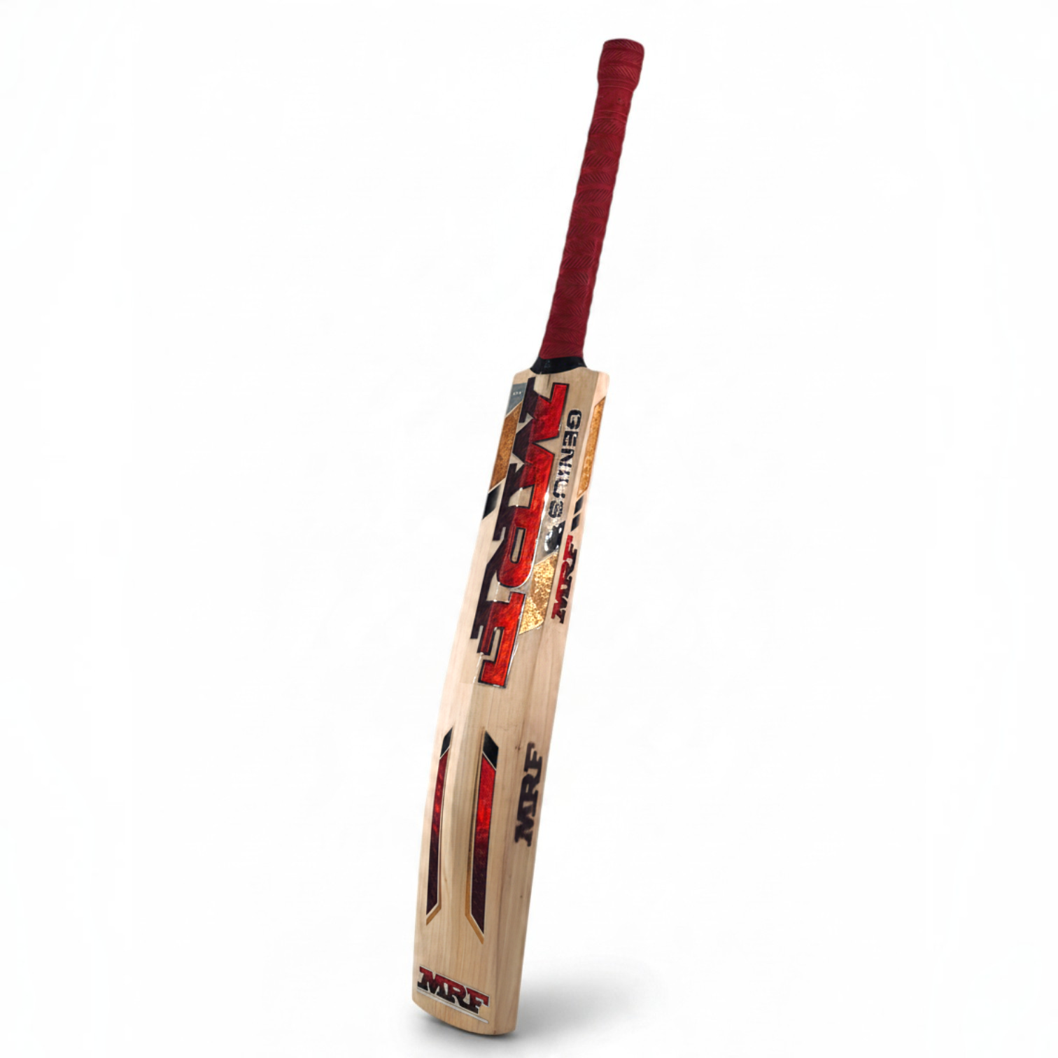 AKS CRICKET MRF Genius Soldier English willow cricket bat with red grip and bold red and black branding