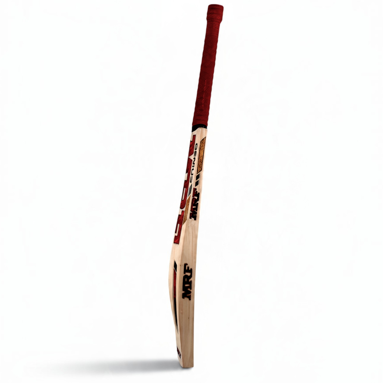 AKS CRICKET MRF Genius Soldier English willow cricket bat with red grip, side profile view
