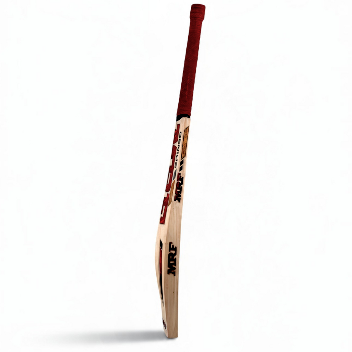 AKS CRICKET MRF Genius Soldier English willow cricket bat with red grip, side profile view