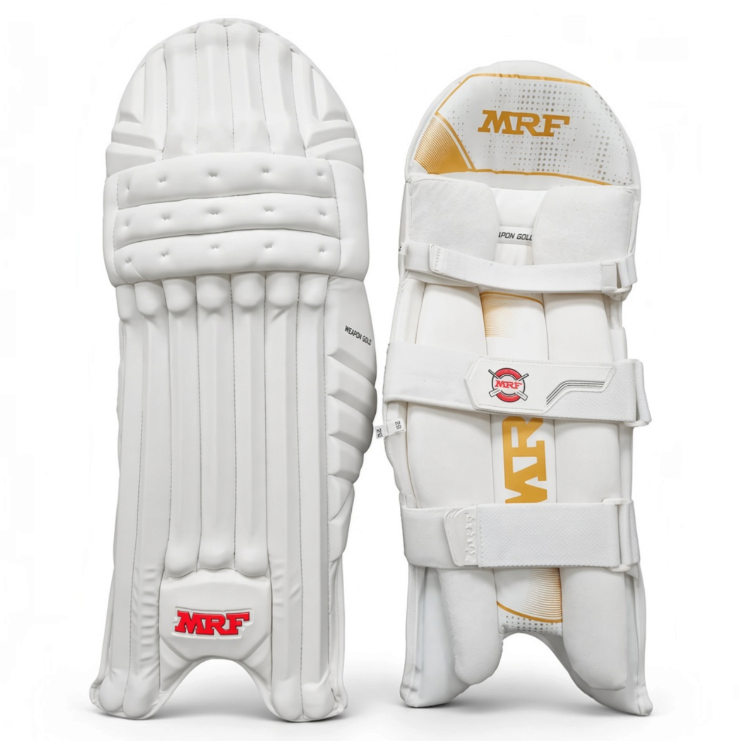 AKS CRICKET MRF Weapon Gold batting pads featuring a three-bolster white design with moulded knee rolls.