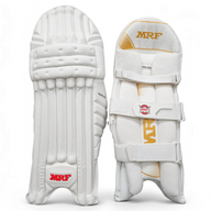 AKS CRICKET MRF Weapon Gold batting pads featuring a three-bolster white design with moulded knee rolls.