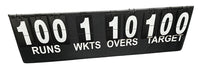 Flipover cricket scoreboard displaying runs, wickets, overs and target with carry bag