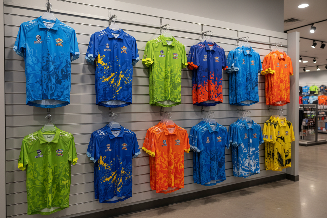 Sublimated Cricket Shirts on Slatwall